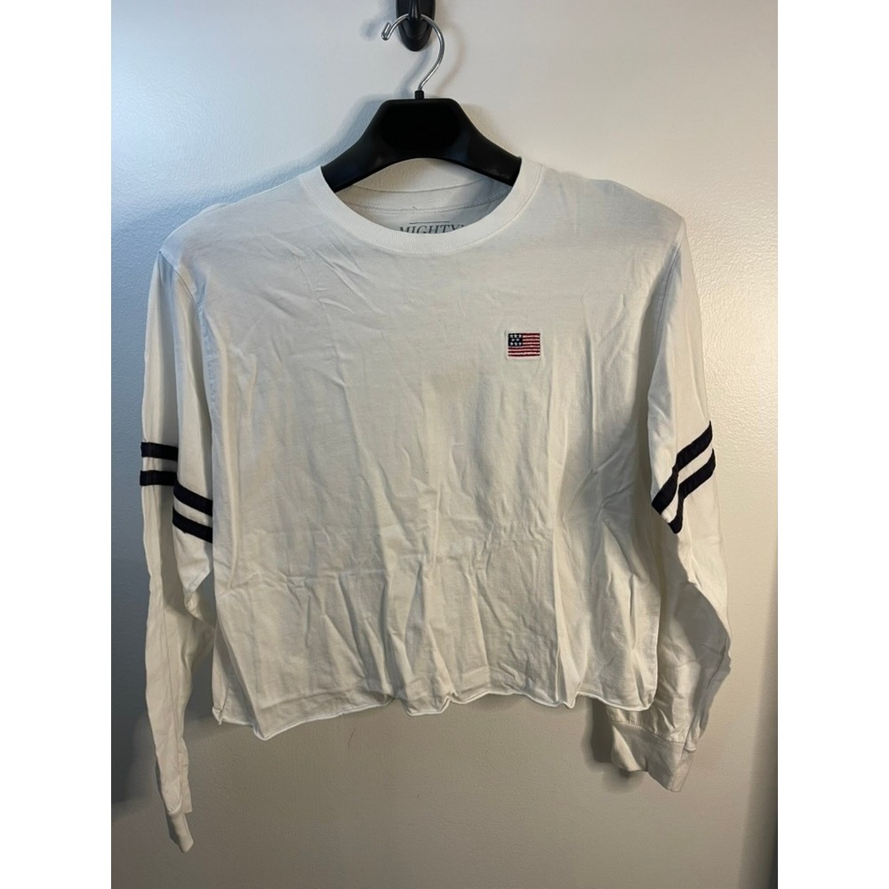 Mighty Fine Womens XL White Long Sleeve Cropped T-Shirt American Flag Striped - Picture 1 of 5